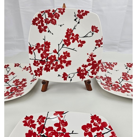 222 Fifth Mia Blossom Red Square Dinner Plates Fine China Floral - Picture 1 of 8